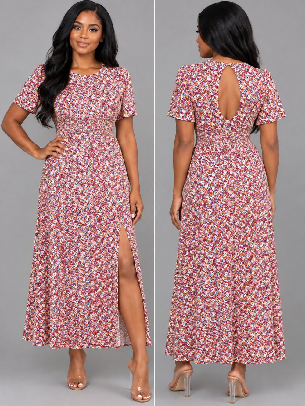 AFRM Floral Puff Sleeve Flowy Midi Dress Pink Multi Square Neck Slit Medium